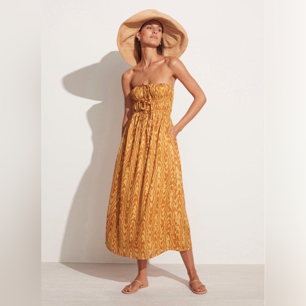 Faithfull The Brand Contessa Strapless Midi Dress Cefalu Tribal Print Yellow 6